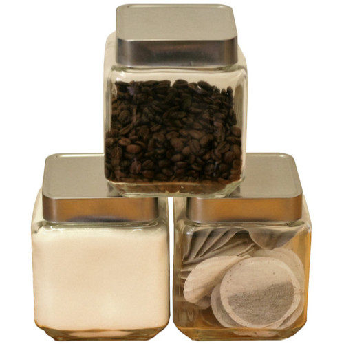 Square storage jar w/ metal lid.